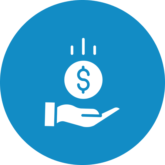 Icon of a hand receiving a dollar coin against a blue background.