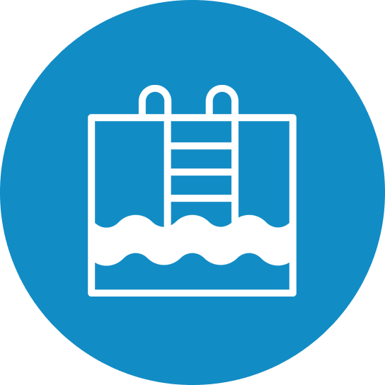 Icon of a swimming pool with a ladder on a blue background.