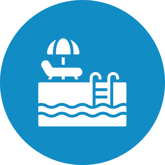 Icon of a pool with a lounge chair and umbrella on a blue background.