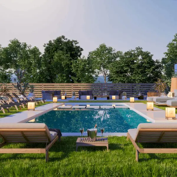 Modern backyard pool with lounge chairs, trees.